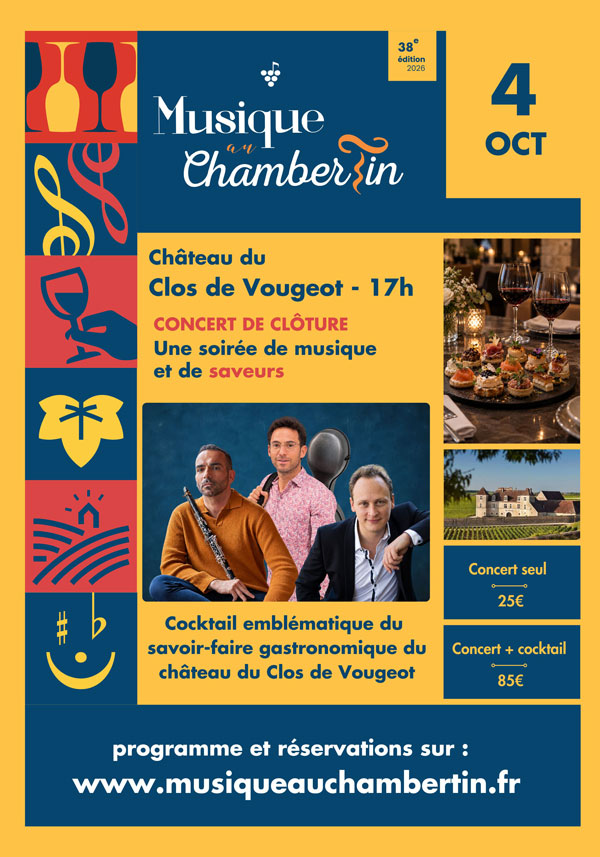 Vougeot-Cocktail-4OCT Une grande nouveauté pour cette édition ! Pour clôturer le festival, un cocktail gastronomique d’exception, au Château du Clos de Vougeot. Dimanche 4 octobre, à l'issue du dernier concert
